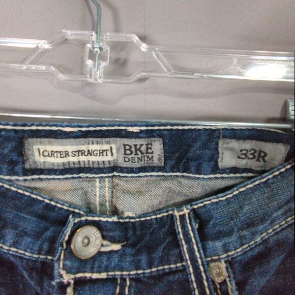BKE Carter Jeans Mens 33 R Blue Straight Whiskering Cotton - Picture 2 of 8